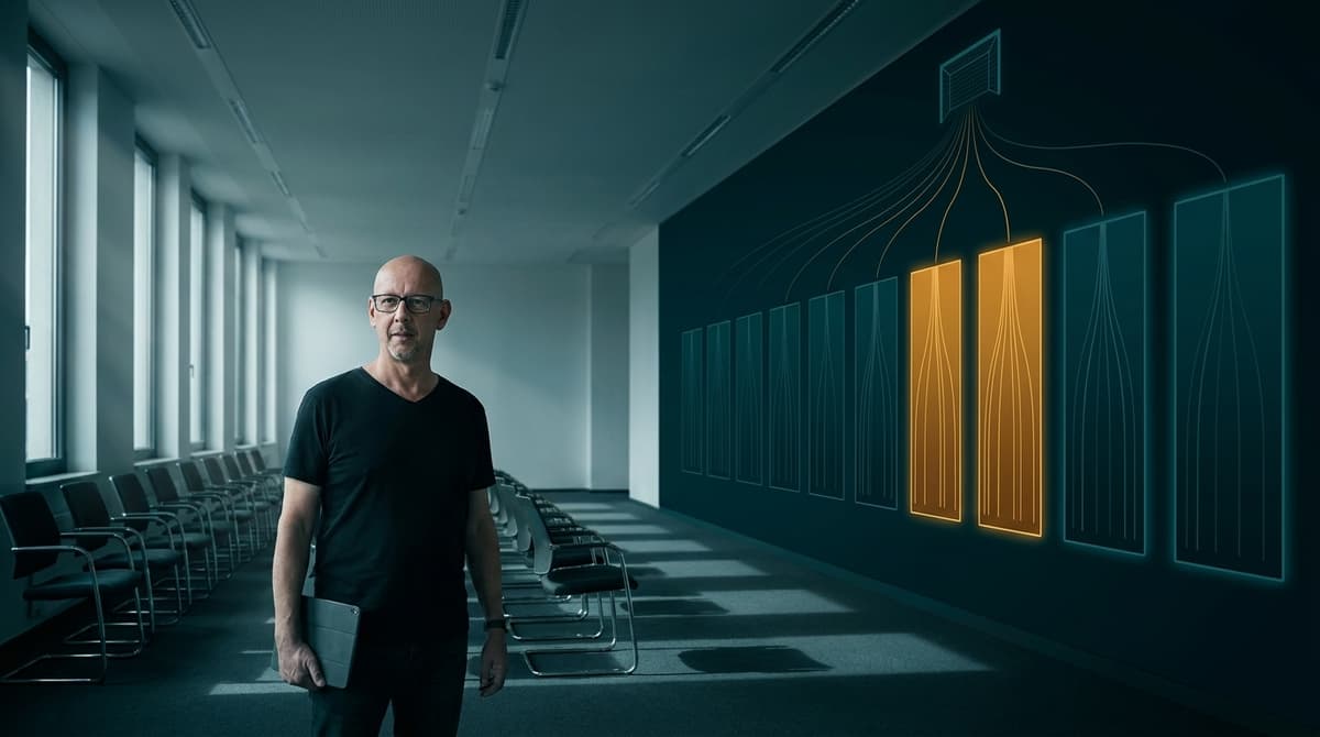 Sven steht in einem leeren Besprechungsraum vor einer Wand, an der sich ein Ziel in mehrere Bereiche verzweigt, zwei Bereiche leuchten amber.